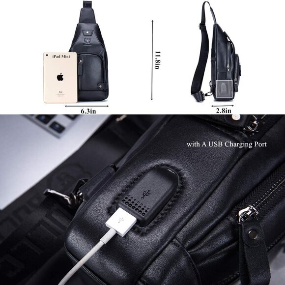 Genuine Leather Sling Bag with USB Charging Port Multi-pocket Chest Bag for Men - Picture 3 of 6